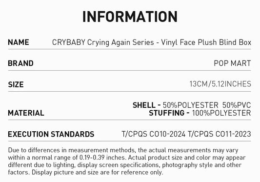 POP MART CryBaby Crying Again Series Vinyl Face Plush Single Blind Box