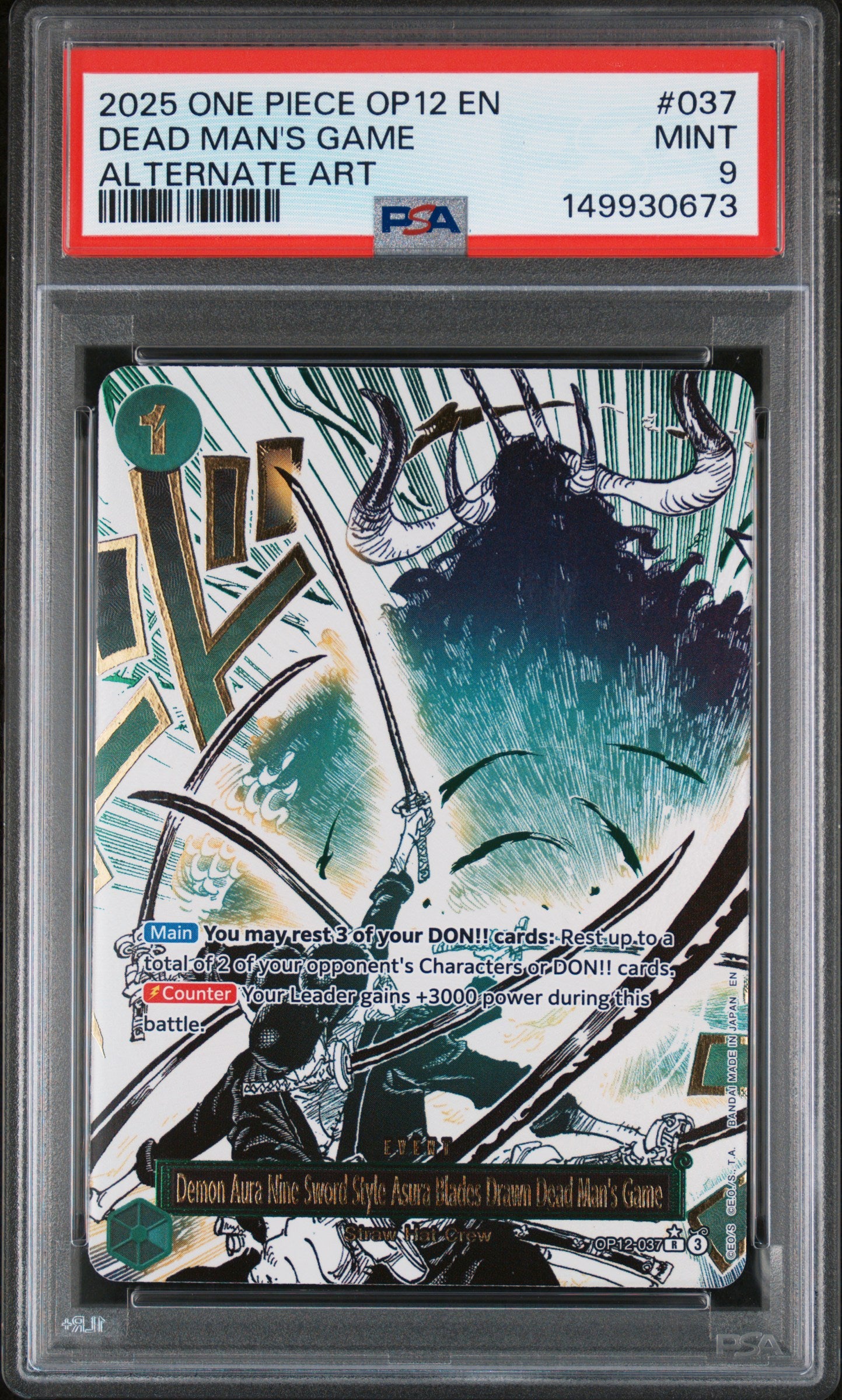 2025 One Piece OP12 #037 Demon Aura Nine-Sword Style Asura Blades Alternate Art PSA 9