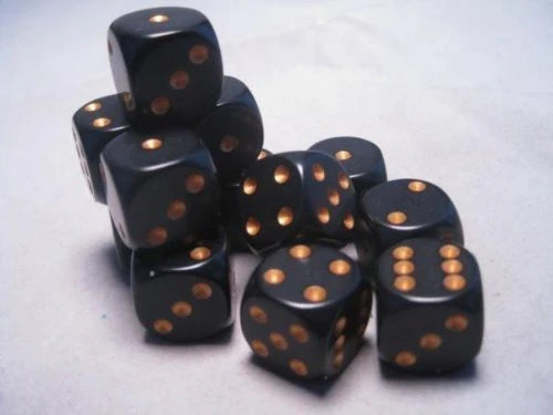 Chessex Opaque Black/Gold 16mm d6 Dice Block (12 Dice)