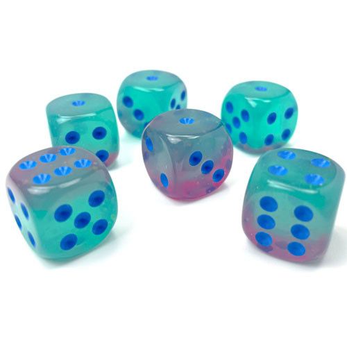 Chessex Gemini Gel Green-Pink/Blue 16mm d6 Dice Block - 12 Dice Set