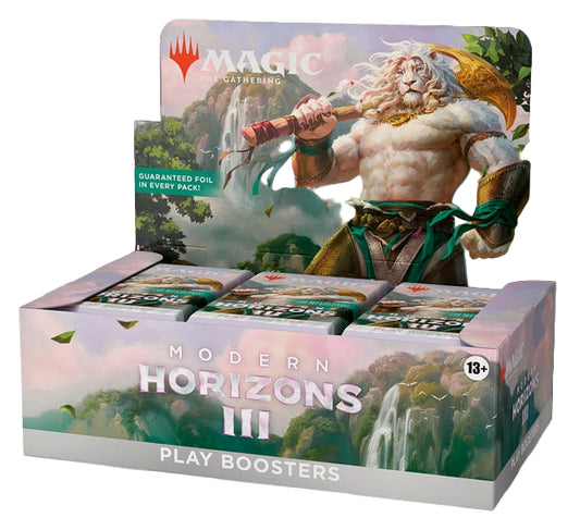 A box of Magic: The Gathering Modern Horizons 3 Play Booster packs with an illustration of a fantasy character on the cover.