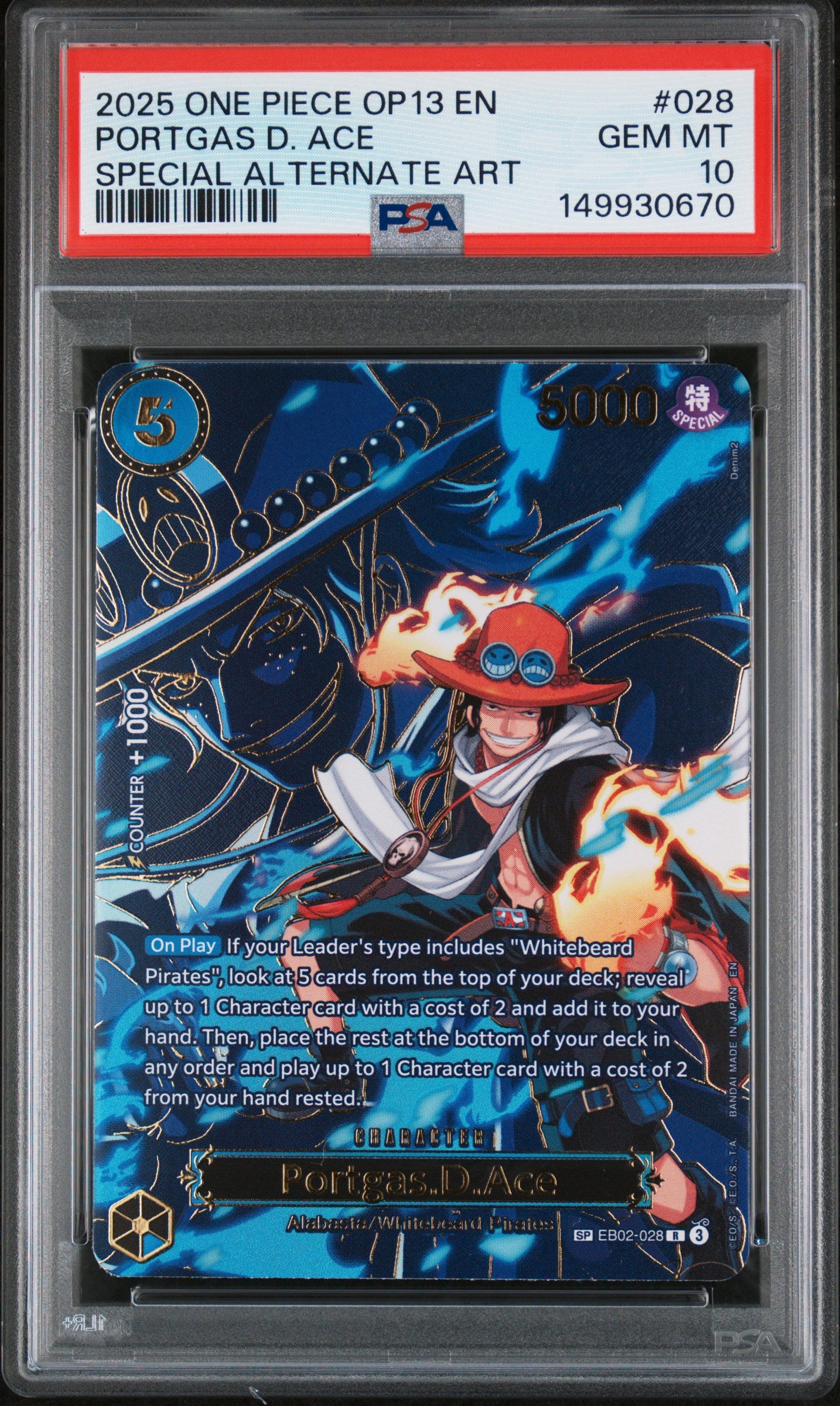 2025 One Piece OP13 Carrying On His Will #028 Portgas D. Ace Special Alternate Art PSA 10 Gem Mint