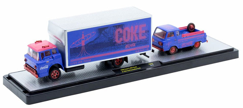 M2 Machines Coca Cola Auto Haulers 1966 Ford C-950 Truck and 1964 Ford Econoline Truck Red Chrome Chase