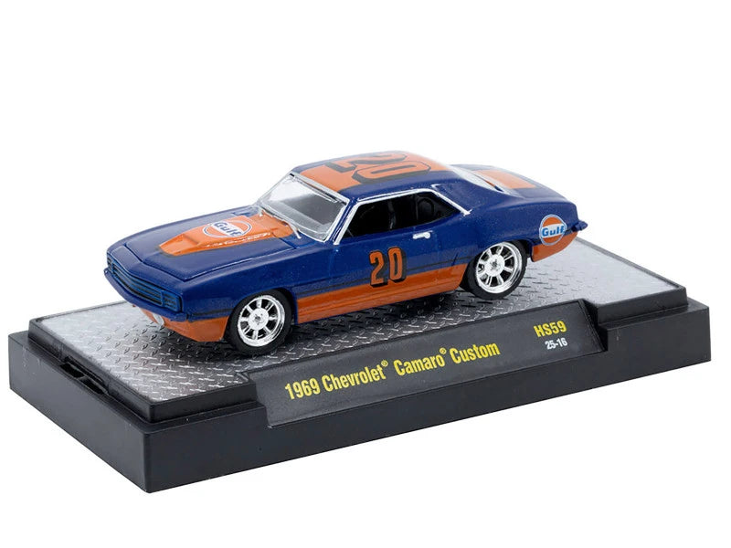 M2 Machines: Gulf Oil - 1969 Chevrolet Camaro Custom with Custom Gulf Graphics in Blue and Orange