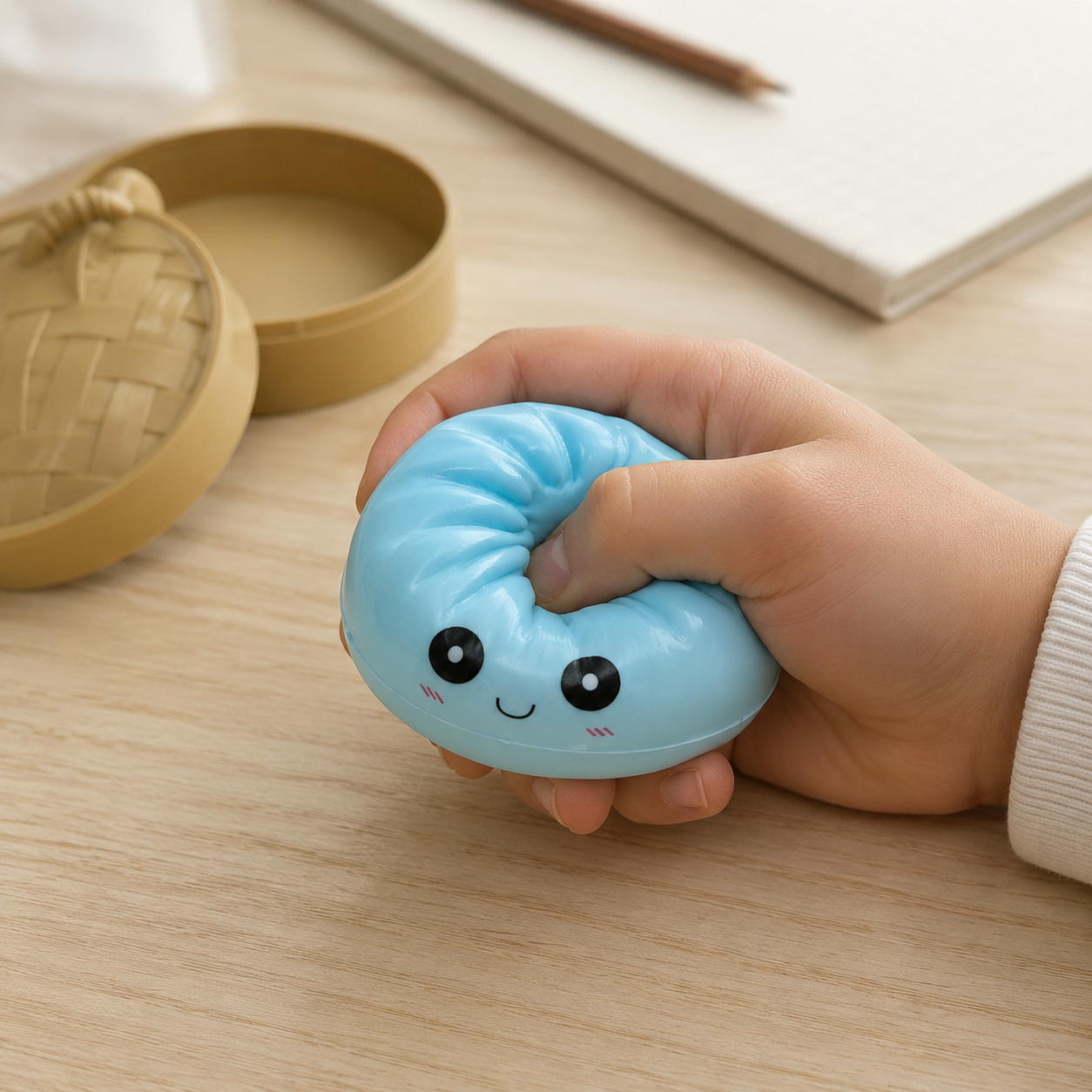Slow-Rise Bao Bun Squishy-Sensory Fidget Toy + Basket Case