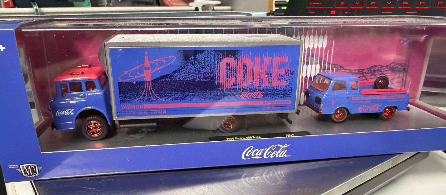 M2 Machines Coca Cola Auto Haulers 1966 Ford C-950 Truck and 1964 Ford Econoline Truck Red Chrome Chase