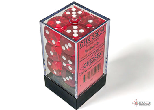 Chessex Translucent Red/White 16mm d6 Dice Block - 12 Dice Set