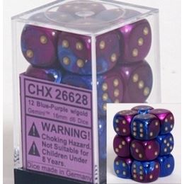 Chessex Gemini Blue-Purple/Gold 16mm d6 Dice Block (12 Dice)