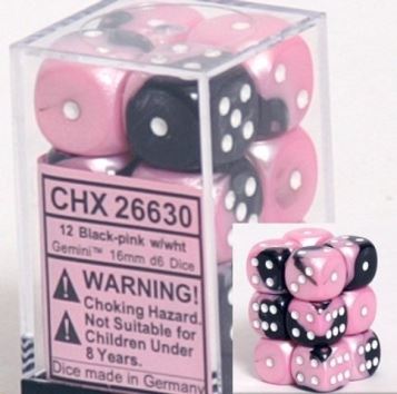 Chessex Gemini Black-Pink/White 16mm d6 Dice Block (12 Dice)