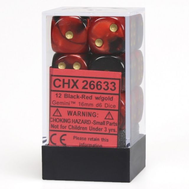 Chessex Gemini Black-Red/Gold 16mm d6 Dice Block - 12 Dice Set