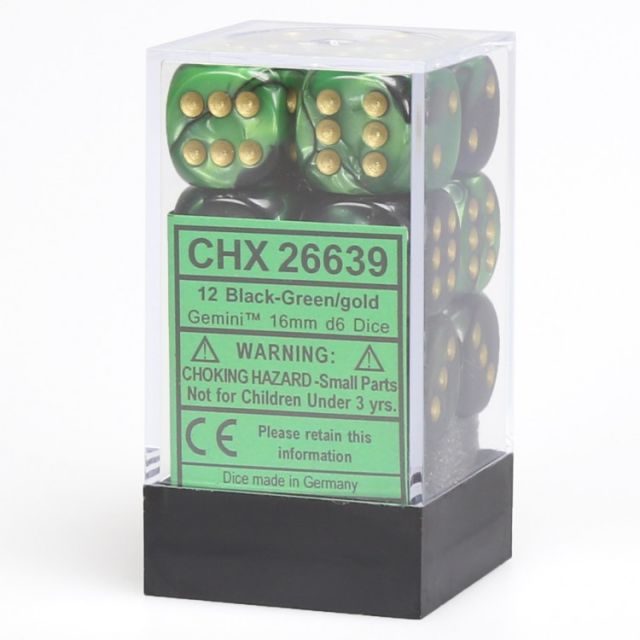 Chessex Gemini Black-Green/Gold 16mm d6 Dice Block - 12 Dice Set