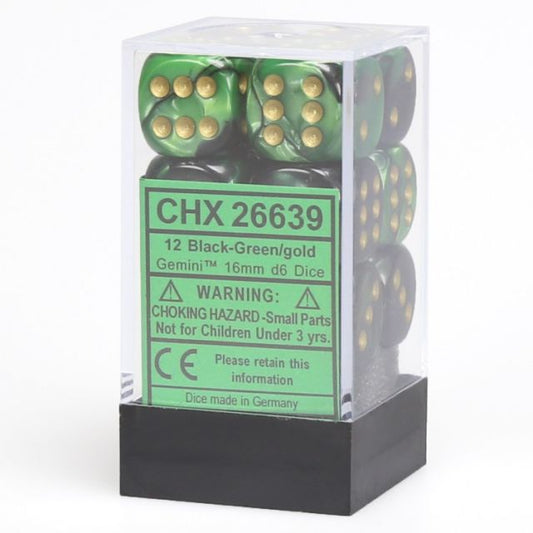 Chessex Gemini Black-Green/Gold 16mm d6 Dice Block - 12 Dice Set