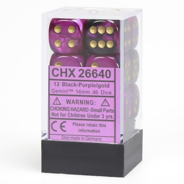 Chessex Gemini Black-Purple/Gold 16mm d6 Dice Block - 12 Dice Set