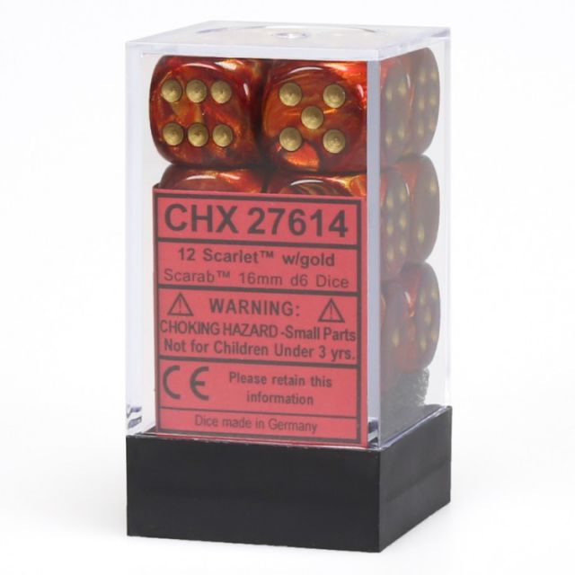 Chessex Scarab Scarlet/Gold 16mm d6 Dice Block - 12 Dice Set