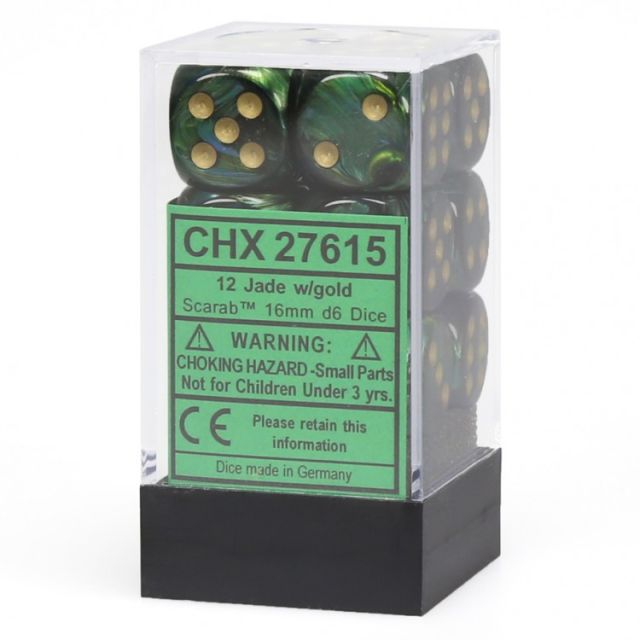 Chessex Scarab Jade/Gold 16mm d6 Dice Block - 12 Dice Set