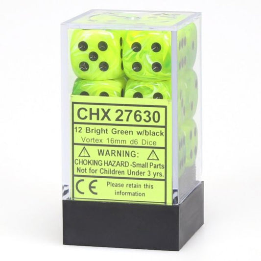 Chessex Vortex Bright Green/Black 16mm d6 Dice Block - 12 Dice Set