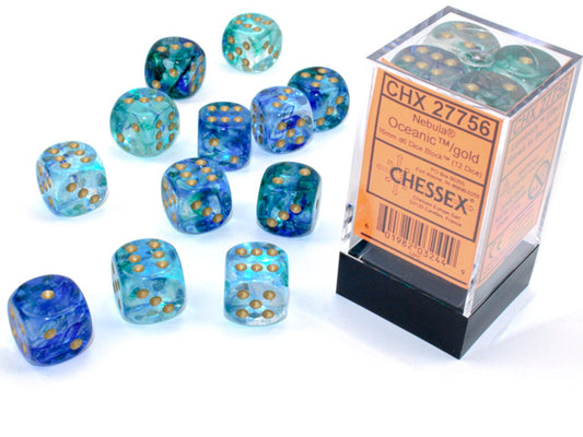 Chessex Nebula Oceanic/Gold 16mm d6 Dice Block (12 Dice)