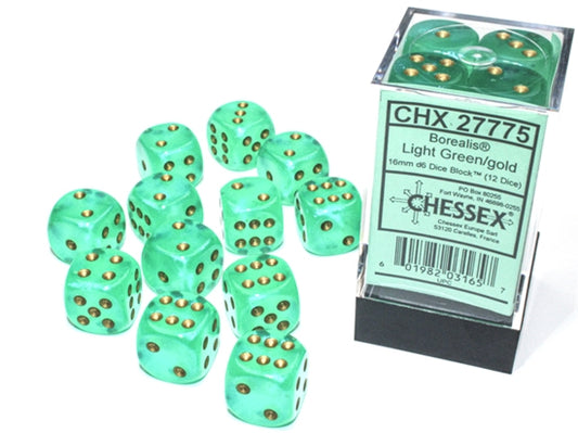 Chessex Borealis Light Green/Gold 16mm d6 Dice Block (12 Dice)