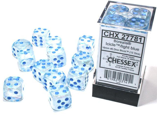 Chessex Borealis Icicle/Light Blue 16mm d6 Dice Block (12 Dice)