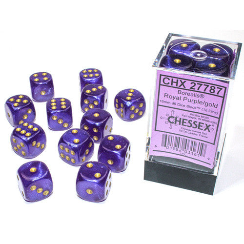 Chessex Borealis Royal Purple/Gold 16mm d6 Dice Block (12 Dice)