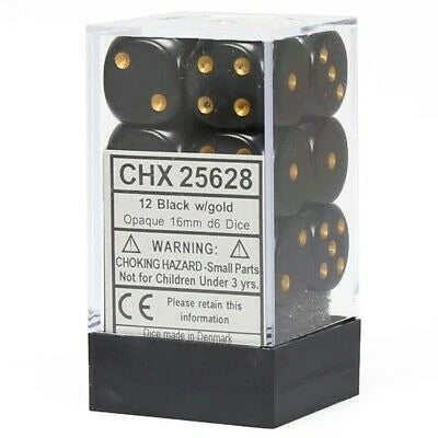 Chessex Opaque Black/Gold 16mm d6 Dice Block (12 Dice)