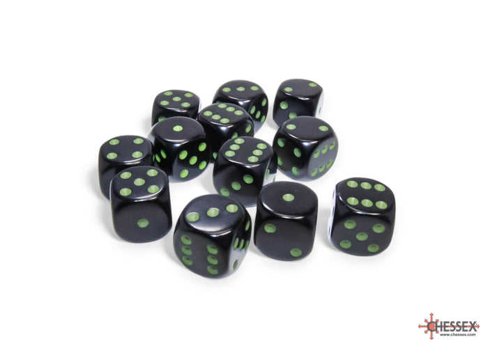 Chessex 16mm 12-Die Set-Opaque Black/Green CHX25658