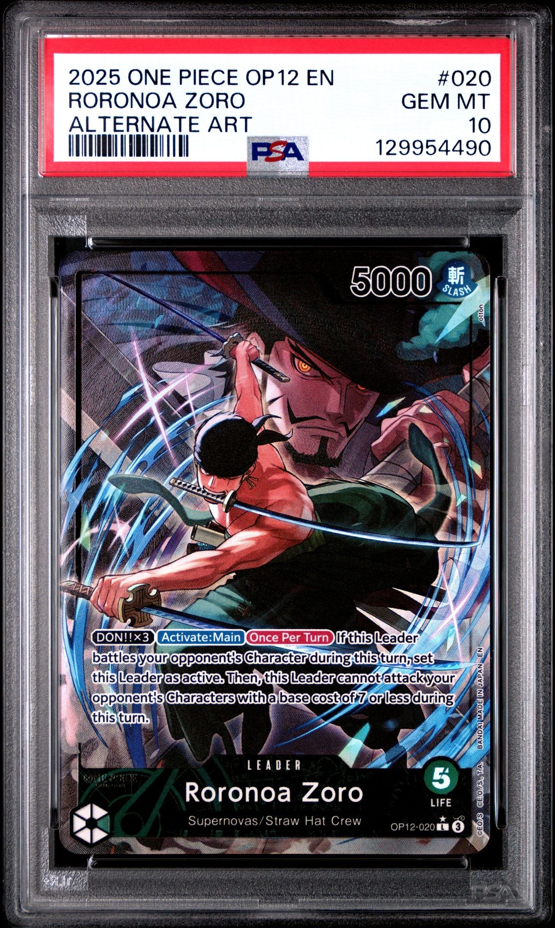 2025 ONE PIECE OP12-LEGACY OF THE MASTER 020 RORONOA ZORO ALTERNATE ART PSA 10