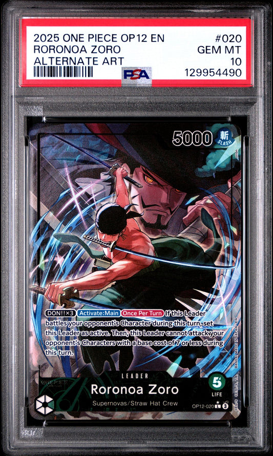 2025 ONE PIECE OP12-LEGACY OF THE MASTER 020 RORONOA ZORO ALTERNATE ART PSA 10
