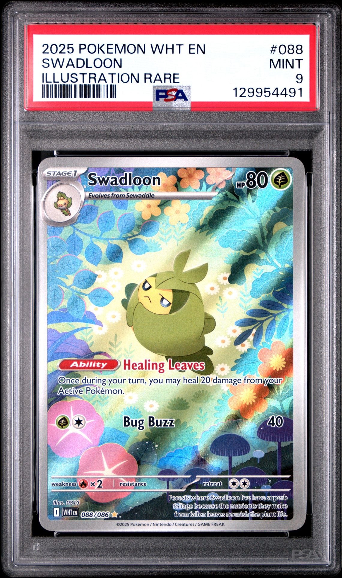 2025 POKEMON WHT EN-WHITE FLARE 088 SWADLOON ILLUSTRATION RARE PSA 9