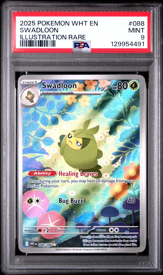 2025 POKEMON WHT EN-WHITE FLARE 088 SWADLOON ILLUSTRATION RARE PSA 9
