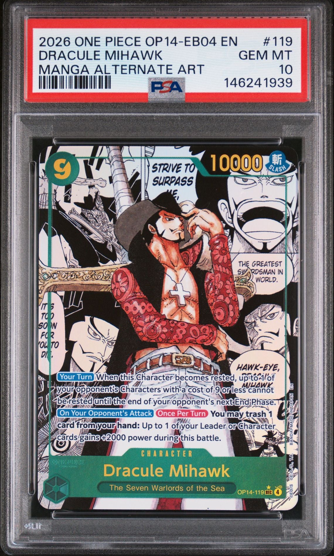 One Piece OP14 EB04 Dracule Mihawk 119 Manga Alt Art PSA 10