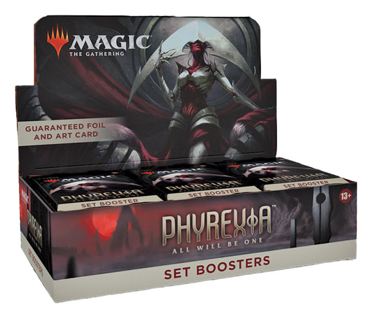 Box of Magic: The Gathering Phyrexia set boosters with character artwork on a white background

