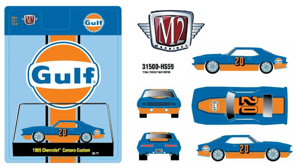 M2 Machines: Gulf Oil - 1969 Chevrolet Camaro Custom with Custom Gulf Graphics in Blue and Orange