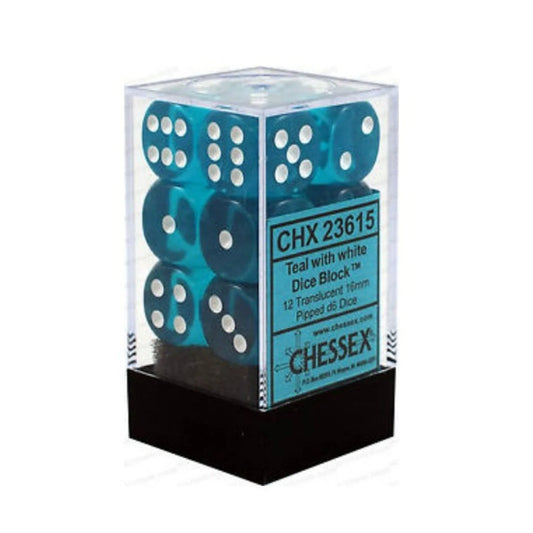 Chessex Translucent Teal/White 16mm d6 Dice Block (12 Dice)