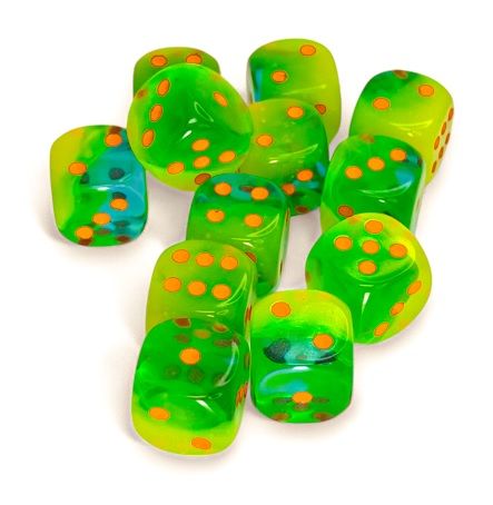 Chessex Gemini Plasma Green-Teal/Orange 16mm d6 Dice Block - 12 Dice Set