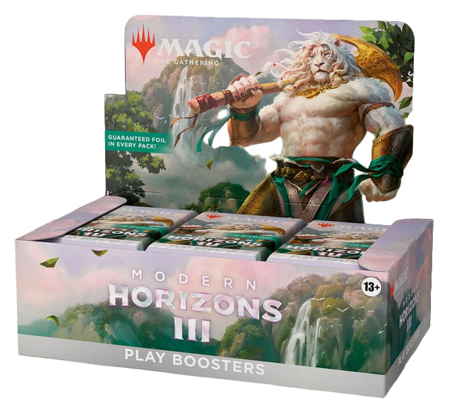 A box of Magic: The Gathering Modern Horizons 3 Play Booster packs with an illustration of a fantasy character on the cover.


