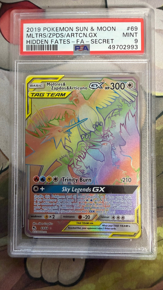 2019 Pokemon Sun & Moon Moltres/Zapdos/Articuno GX 69 Hidden Fates PSA 9