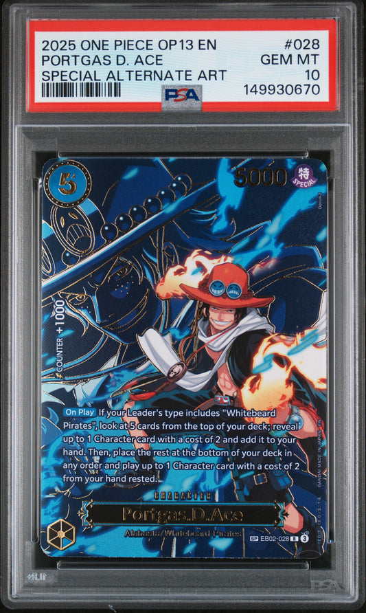 2025 One Piece OP13 Carrying On His Will #028 Portgas D. Ace Special Alternate Art PSA 10 Gem Mint